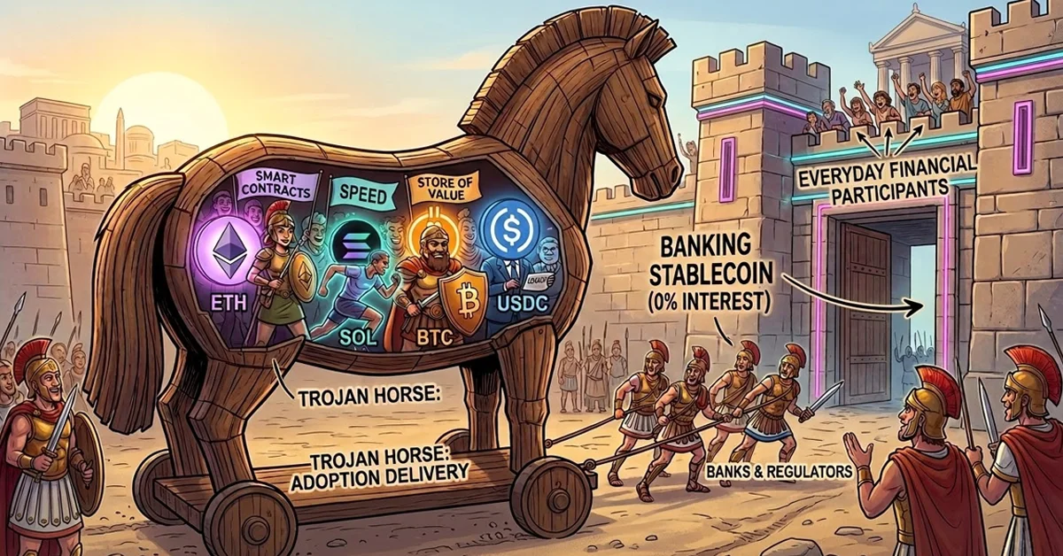 Illustration of a Trojan horse representing stablecoins and blockchain entering traditional banking systems
