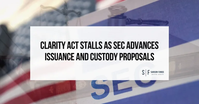 CLARITY Act and SEC proposals headline over a U.S. flag, scales of justice and gavel, with Sarson Funds branding.